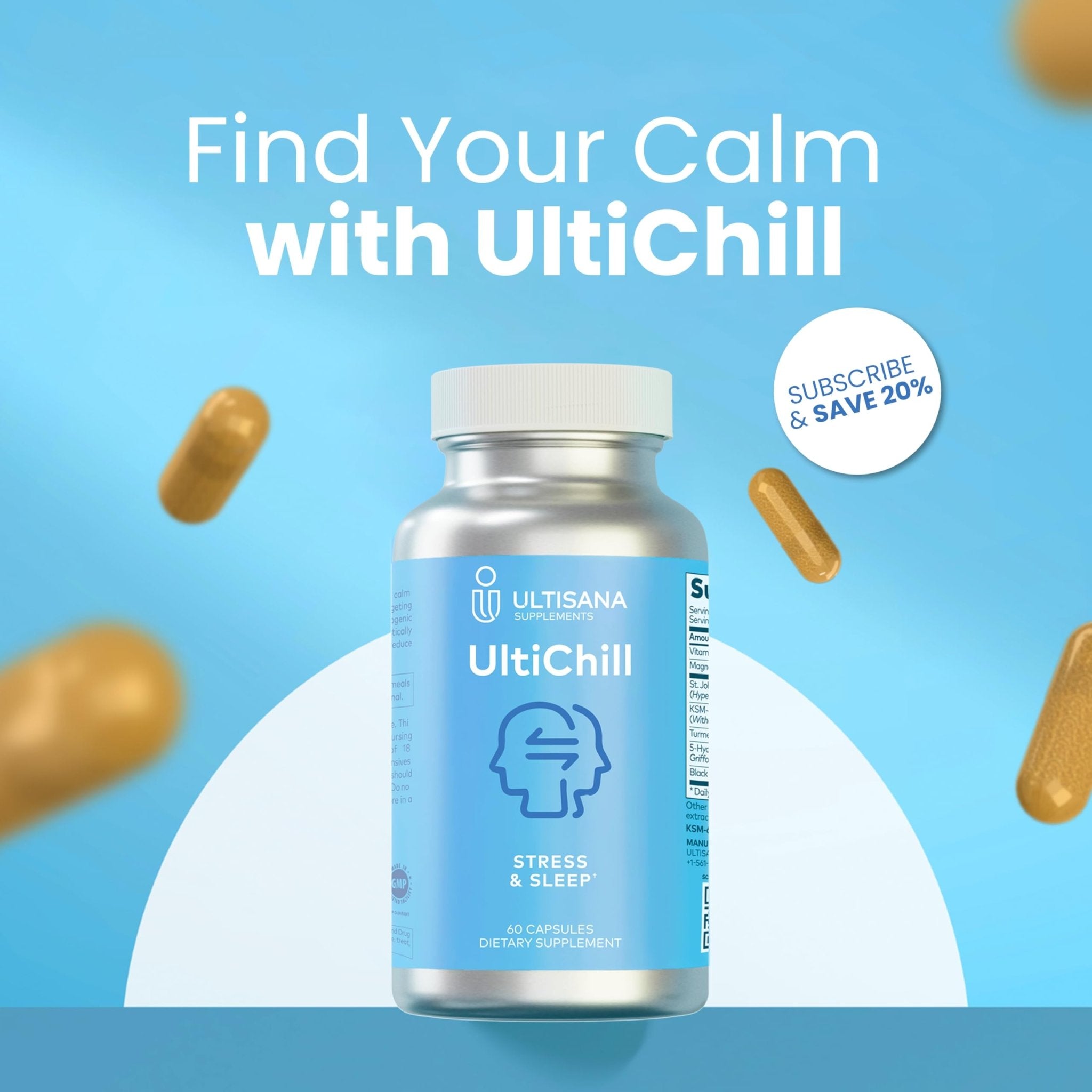 Ultisana UltiChill Stress Relief Supplement, Non-Drowsy | for Enhanced Mood, Immune Booster & Sleep Support | Magnesium Glycinate, Vitamin B6, KSM-66 Ashwagandha, Turmeric & 5-HTP | Non-GMO, 60 Count - TrustMedUSA