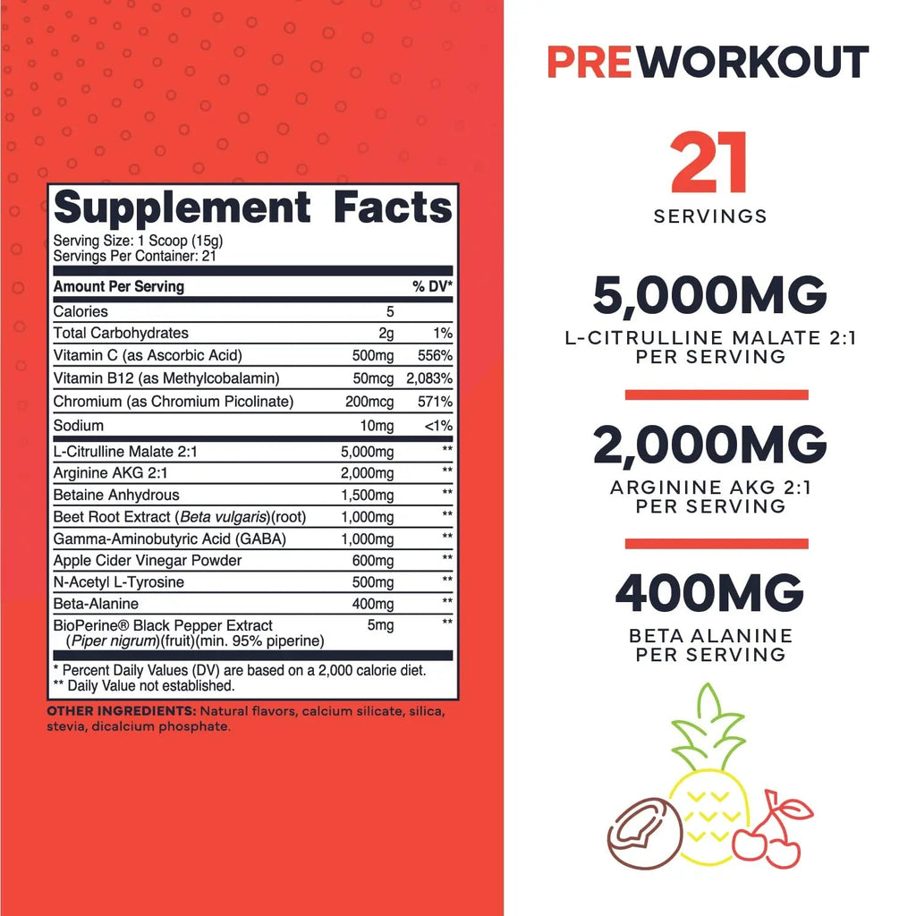 Ultra Clean Stim Free Pump Pre Workout + Nitric Oxide Booster (Fruit Punch) Beetroot, 7G Arginine Citrulline Malate, Betaine, Beta A, ACV+ - Sugar/Caffeine Free Natural Non Stim Preworkout Men & Women - TrustMedUSA