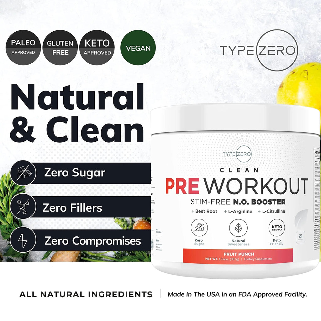 Ultra Clean Stim Free Pump Pre Workout + Nitric Oxide Booster (Fruit Punch) Beetroot, 7G Arginine Citrulline Malate, Betaine, Beta A, ACV+ - Sugar/Caffeine Free Natural Non Stim Preworkout Men & Women - TrustMedUSA