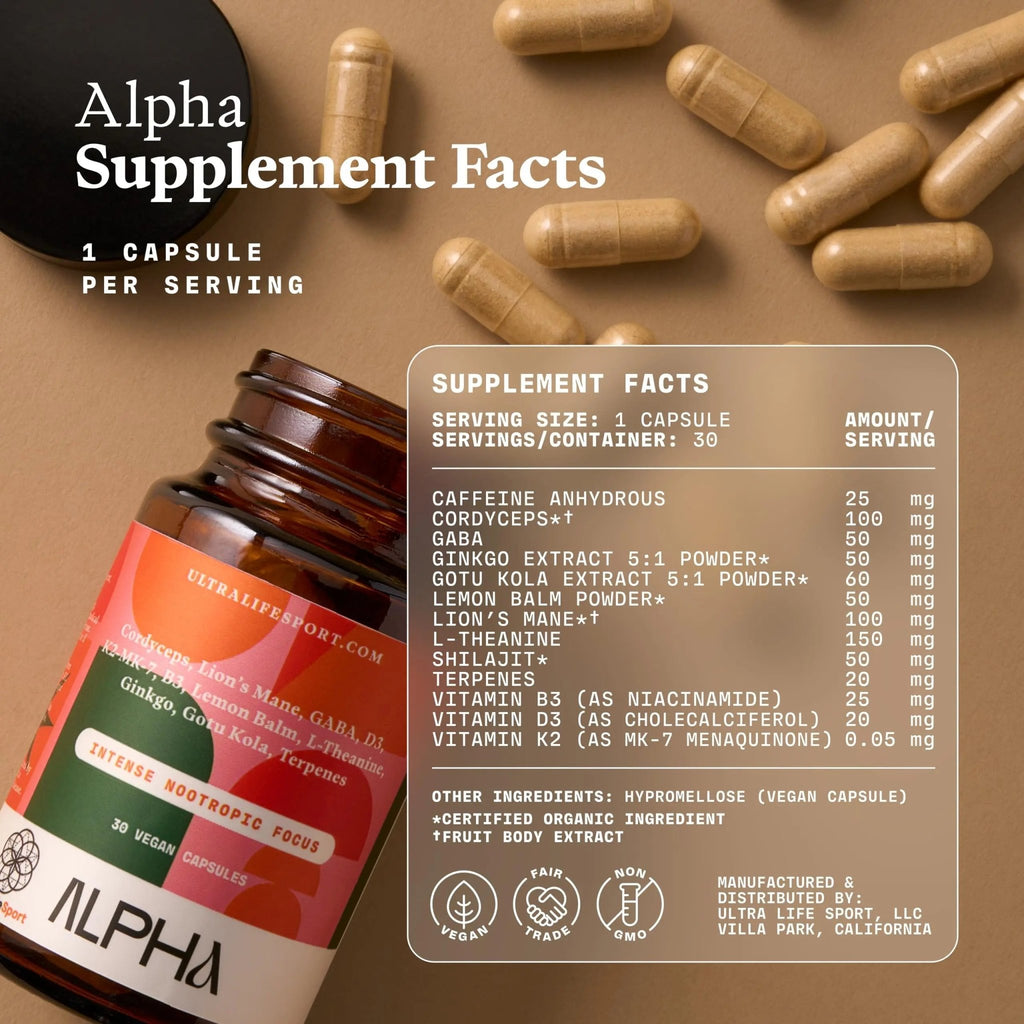 Ultra Life Sport - Alpha Nootropic - 30 Capsule Body and Brain Supplements for Memory and Focus - L-Theanine, B Vitamins, Lion's Mane, Cordyceps Mushrooms, Vitamin D3, K2 MK-7, Lemon Balm and Ginkgo - TrustMedUSA