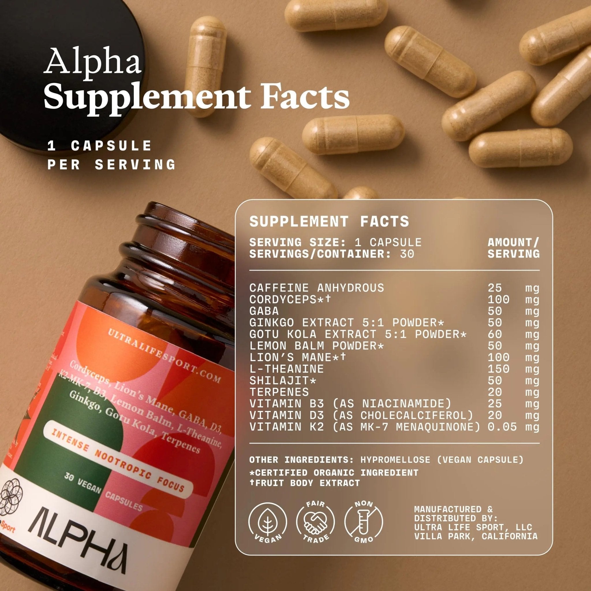 Ultra Life Sport - Alpha Nootropic - 30 Capsule Body and Brain Supplements for Memory and Focus - L-Theanine, B Vitamins, Lion's Mane, Cordyceps Mushrooms, Vitamin D3, K2 MK-7, Lemon Balm and Ginkgo - TrustMedUSA
