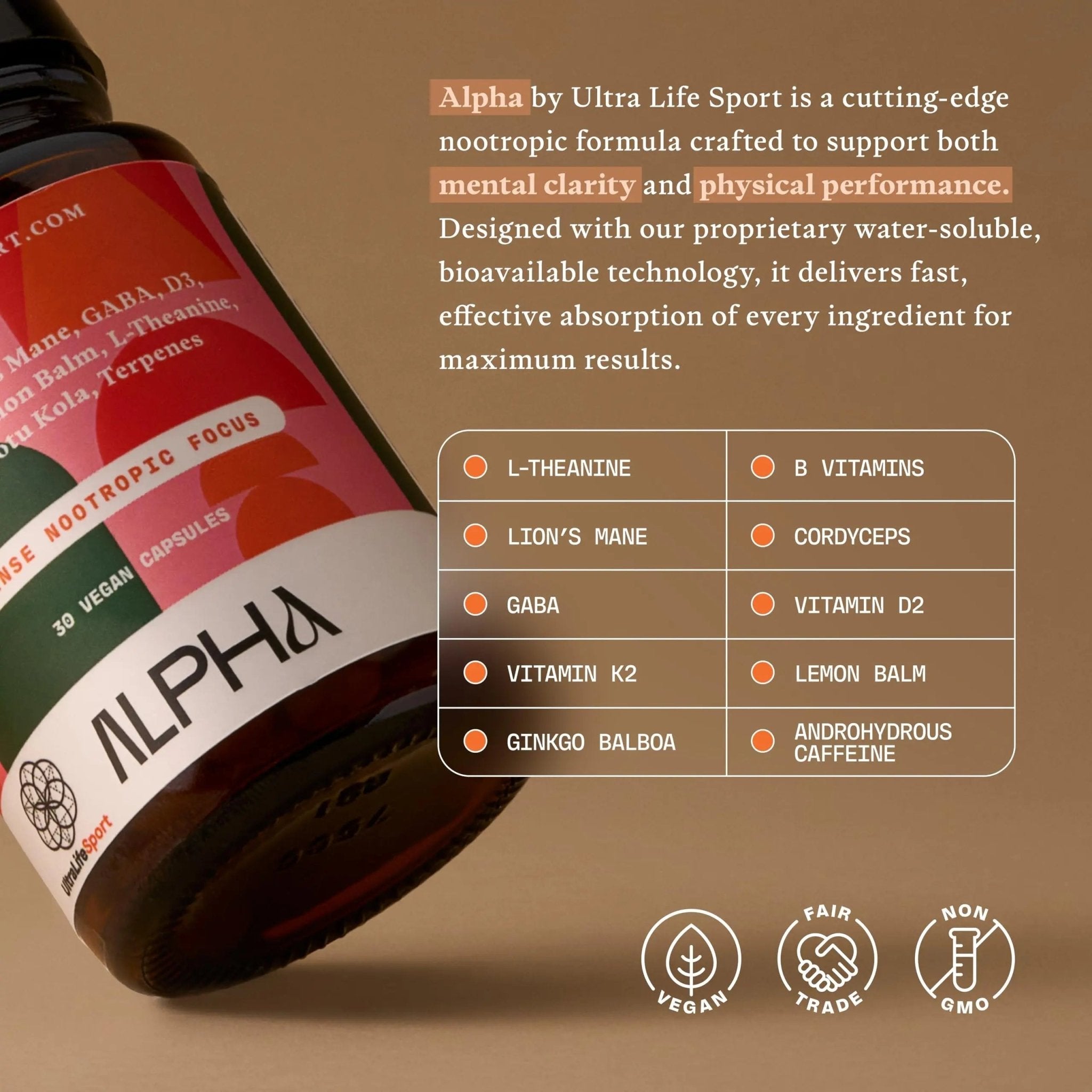 Ultra Life Sport - Alpha Nootropic - 30 Capsule Body and Brain Supplements for Memory and Focus - L-Theanine, B Vitamins, Lion's Mane, Cordyceps Mushrooms, Vitamin D3, K2 MK-7, Lemon Balm and Ginkgo - TrustMedUSA