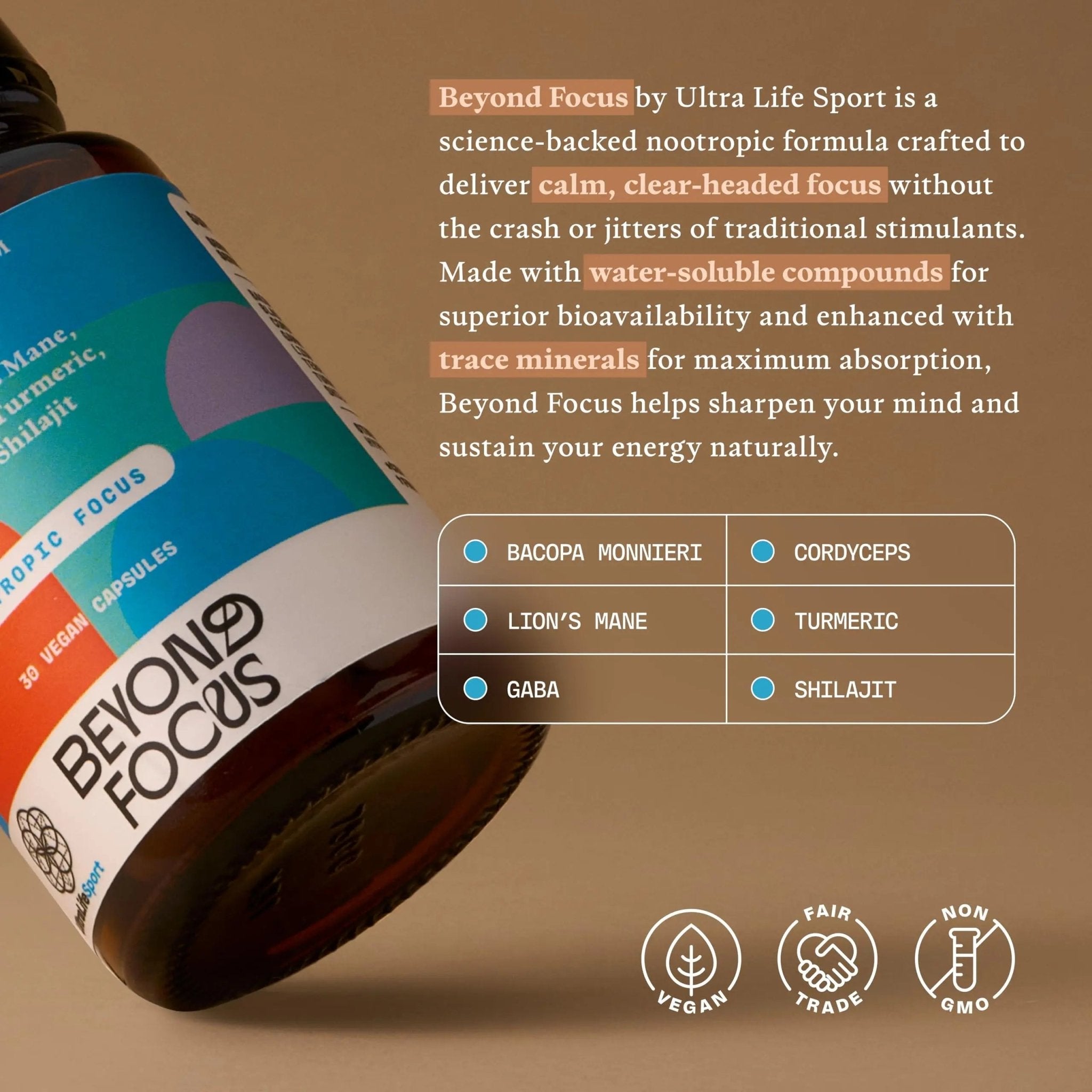 Ultra Life Sport - Beyond Focus Organic Mushroom Supplement - 30 Capsule Brain Supplements for Memory and Focus - 100% Vegan, Non-GMO - Memory Booster with Bacopa, Cordyceps, & Lion’s Mane - TrustMedUSA