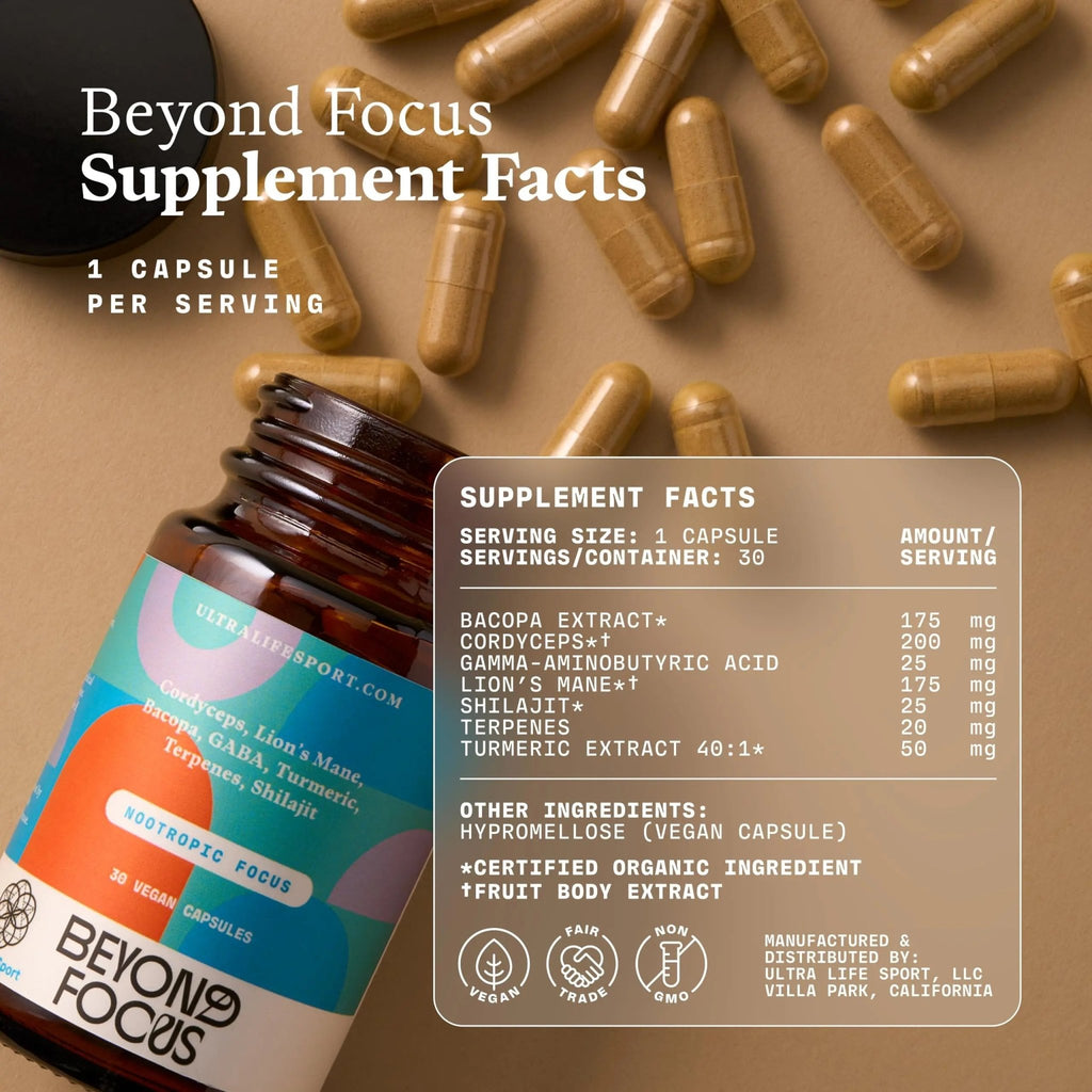 Ultra Life Sport - Beyond Focus Organic Mushroom Supplement - 30 Capsule Brain Supplements for Memory and Focus - 100% Vegan, Non-GMO - Memory Booster with Bacopa, Cordyceps, & Lion’s Mane - TrustMedUSA