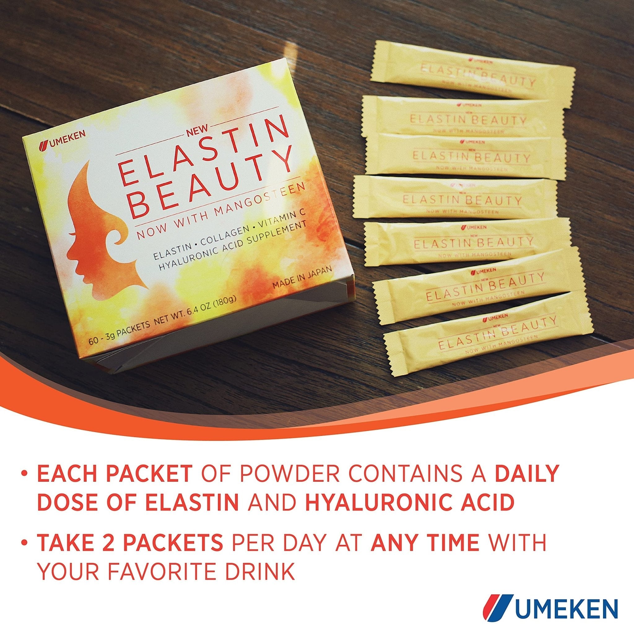 Umeken Elastin Beauty Powder Supplement with Collagen Peptides, Hyaluronic Acid, Vitamin C and Mangosteen Fruit, Women’s Health and Wellness, 1 Month Supply, 60 Packets - Maple Wellness Supplements