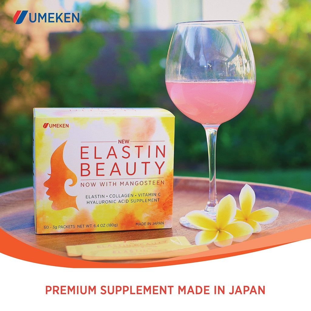 Umeken Elastin Beauty Powder Supplement with Collagen Peptides, Hyaluronic Acid, Vitamin C and Mangosteen Fruit, Women’s Health and Wellness, 1 Month Supply, 60 Packets - Maple Wellness Supplements