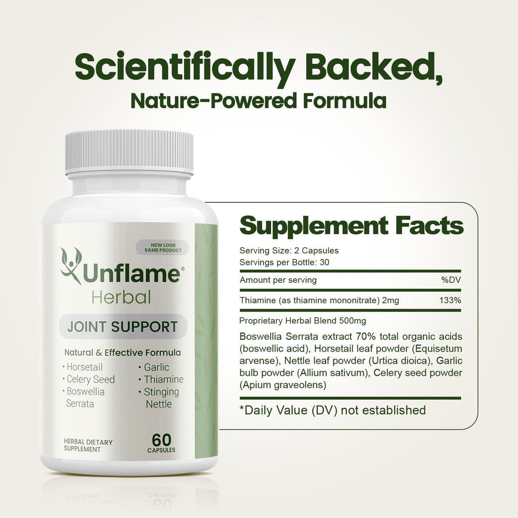 Unflame Herbal Supplement – Botanical Support for Joints, Back, and Muscles – 60 Capsules – Natural Herbal Blend – Dietary Supplement - TrustMedUSA