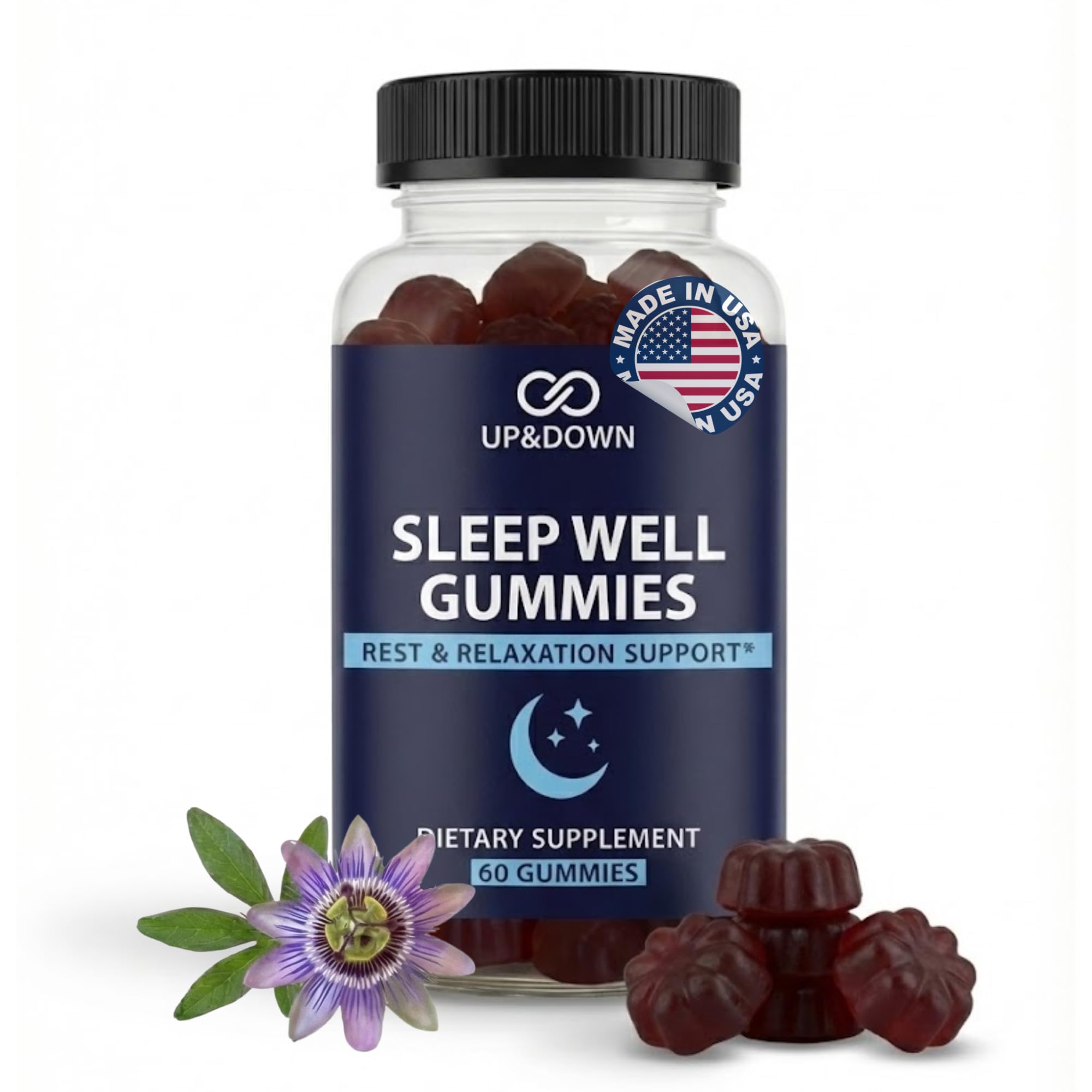 Up&Down Supplements Sleep Well Gummies | Deeper Sleep, Relaxation, Rest & Recovery Support | Melatonin, Vitamin B6 & Passionflower | Made in USA | Vegan, Non-GMO, Gluten Free | 60 Sleep Gummies - TrustMedUSA