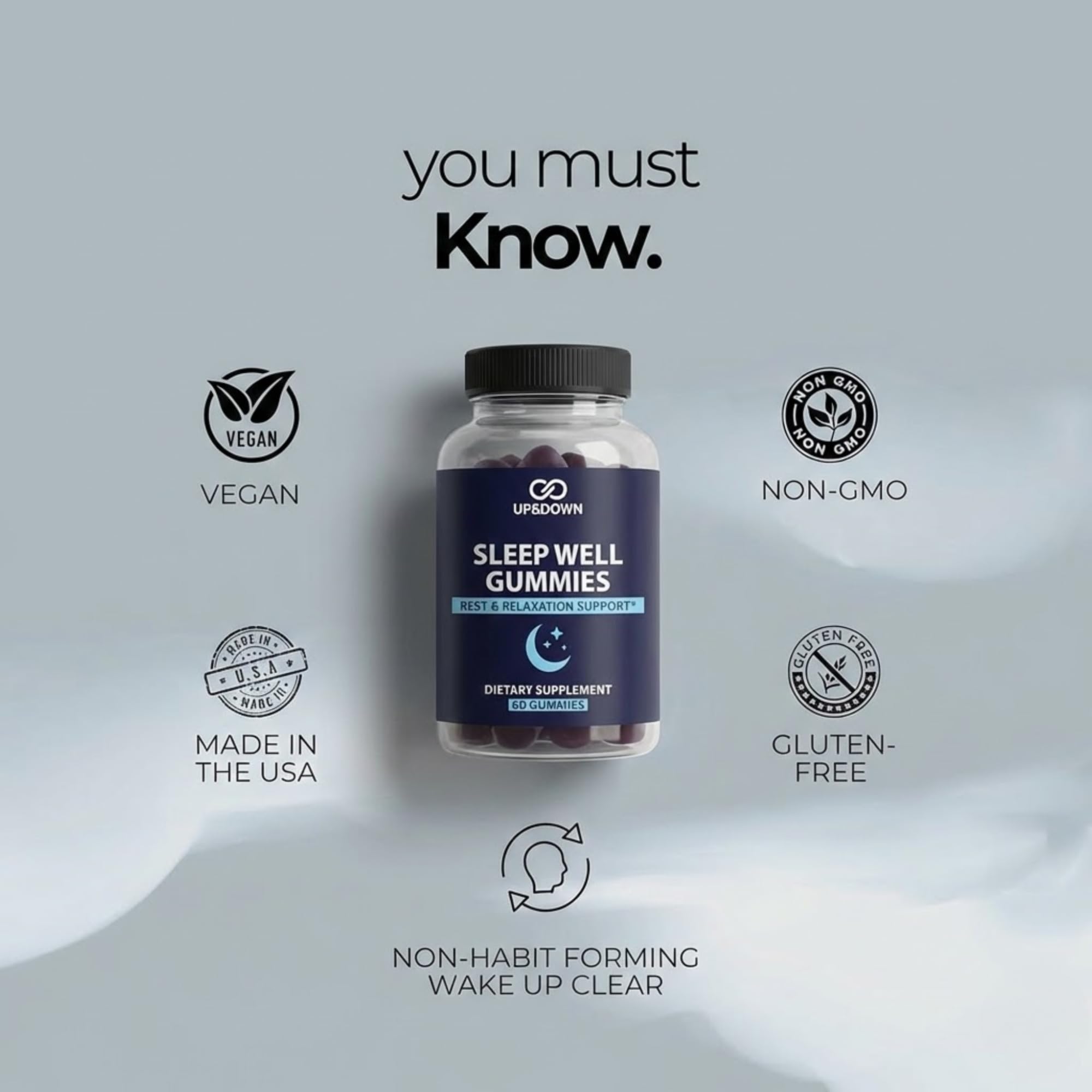 Up&Down Supplements Sleep Well Gummies | Deeper Sleep, Relaxation, Rest & Recovery Support | Melatonin, Vitamin B6 & Passionflower | Made in USA | Vegan, Non-GMO, Gluten Free | 60 Sleep Gummies - TrustMedUSA