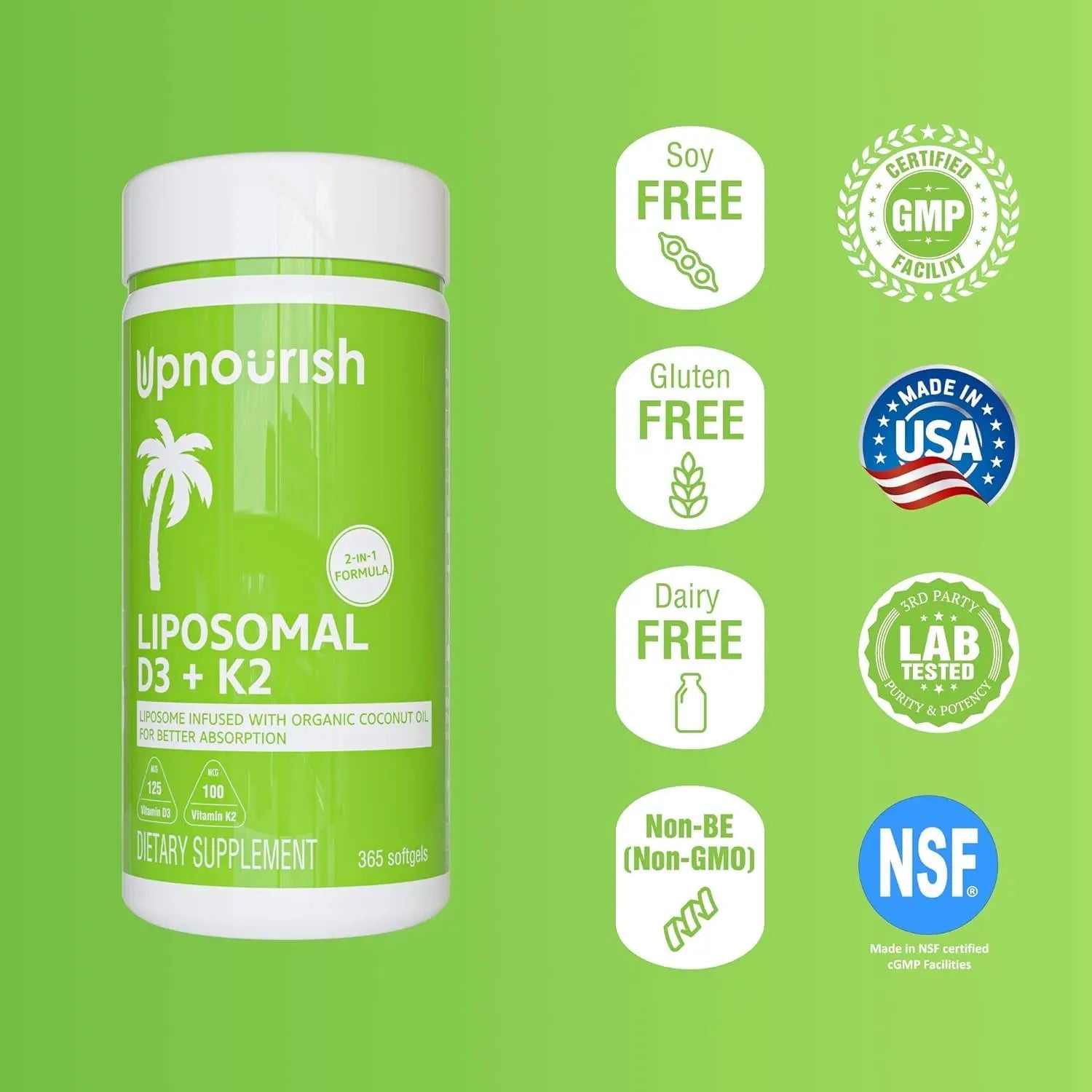 UpNourish Liposomal D3 & K2 MK-7, Advanced Absorption for Optimal Bone and Immun - TrustMedUSA