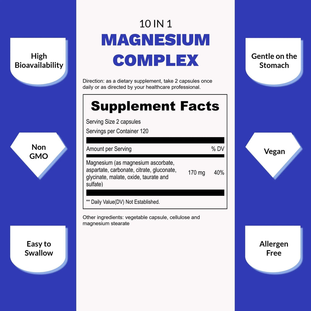 UpNourish Magnesium Supplement - 10 in 1 Magnesium Complex - Full Spectrum Magnesium Mineral Supplements with Glycinate, Citrate, Taurate, Malate, Carbonate, Oxide and More, 240 Vegan Capsules - TrustMedUSA