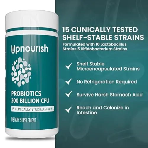UpNourish Probiotics - 200 Billion CFUs, 15 Strains, Prebiotics & Enzymes - 60 Vegan Cap - TrustMedUSA