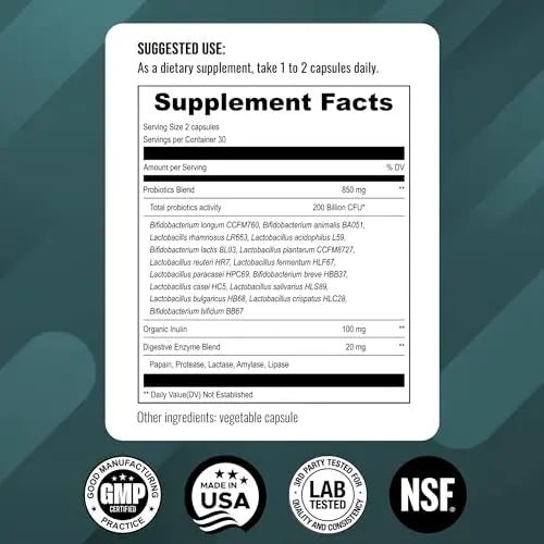 UpNourish Probiotics - 200 Billion CFUs, 15 Strains, Prebiotics & Enzymes - 60 Vegan Cap - TrustMedUSA