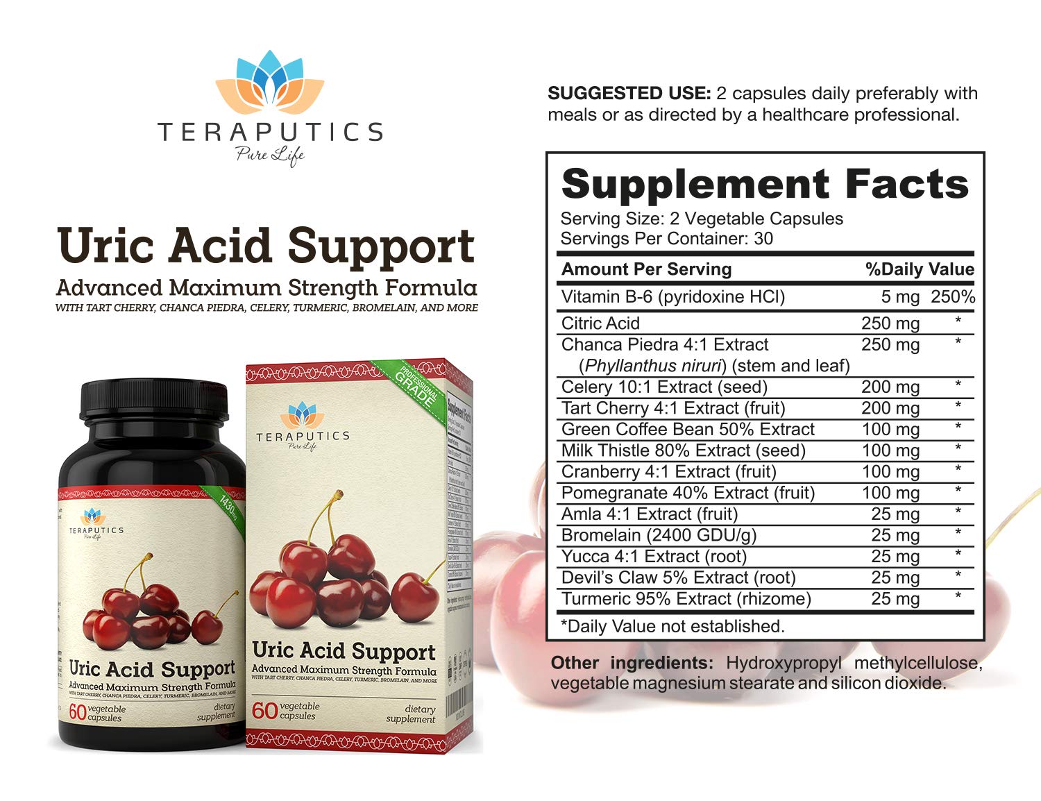 Uric Acid Support Formula | Advanced Uric Acid Cleanse & Kidney Support Supplement - Includes Tart Cherry Concentrate, Celery Seed Extract + 12 More High Potency Ingredients, 60 Veggie Capsules - TrustMedUSA