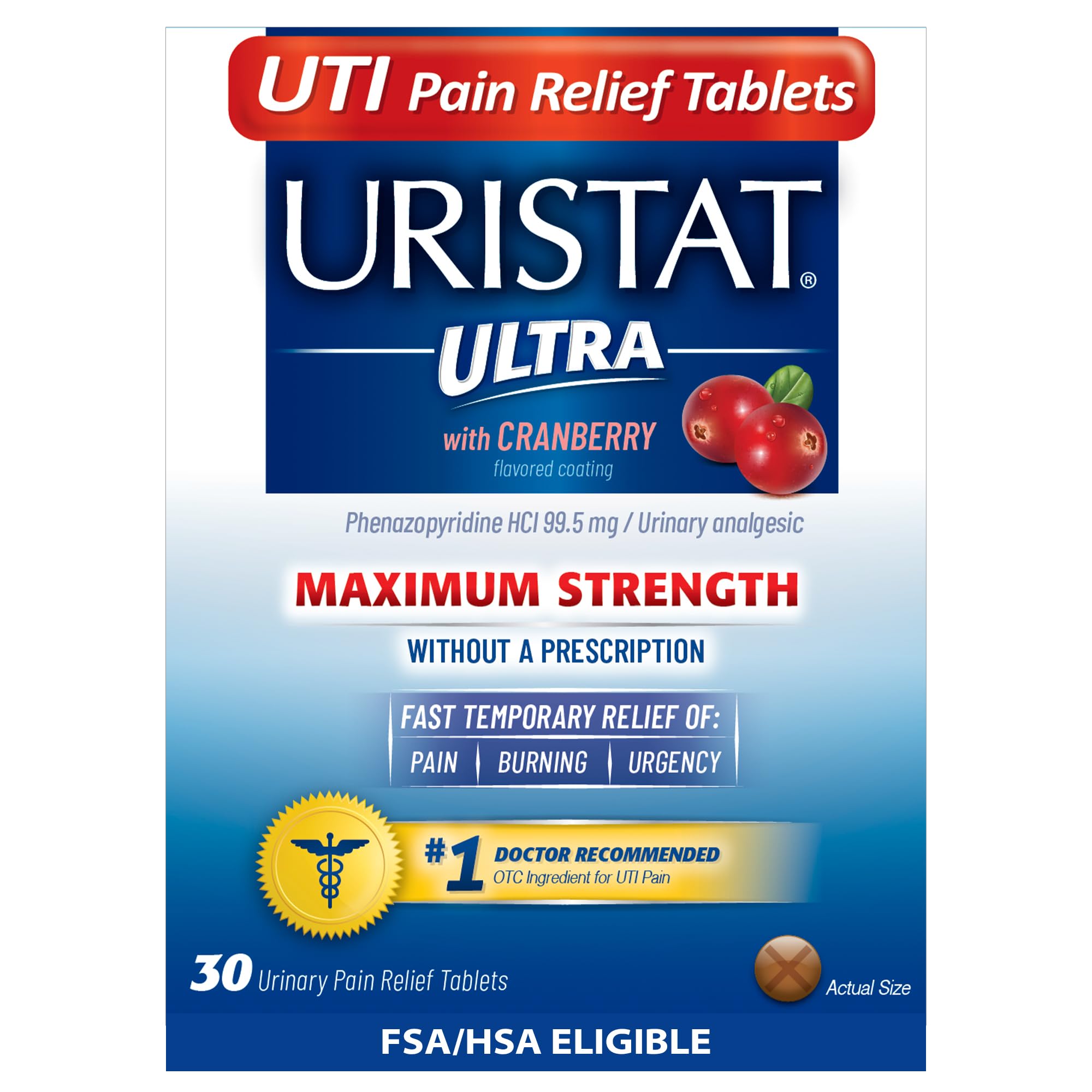 Uristat Ultra Strength UTI Relief Tablets – Ease Urinary Pain, Burning & Urgency, Cranberry Flavor, 30 Count - Maple Wellness Supplements