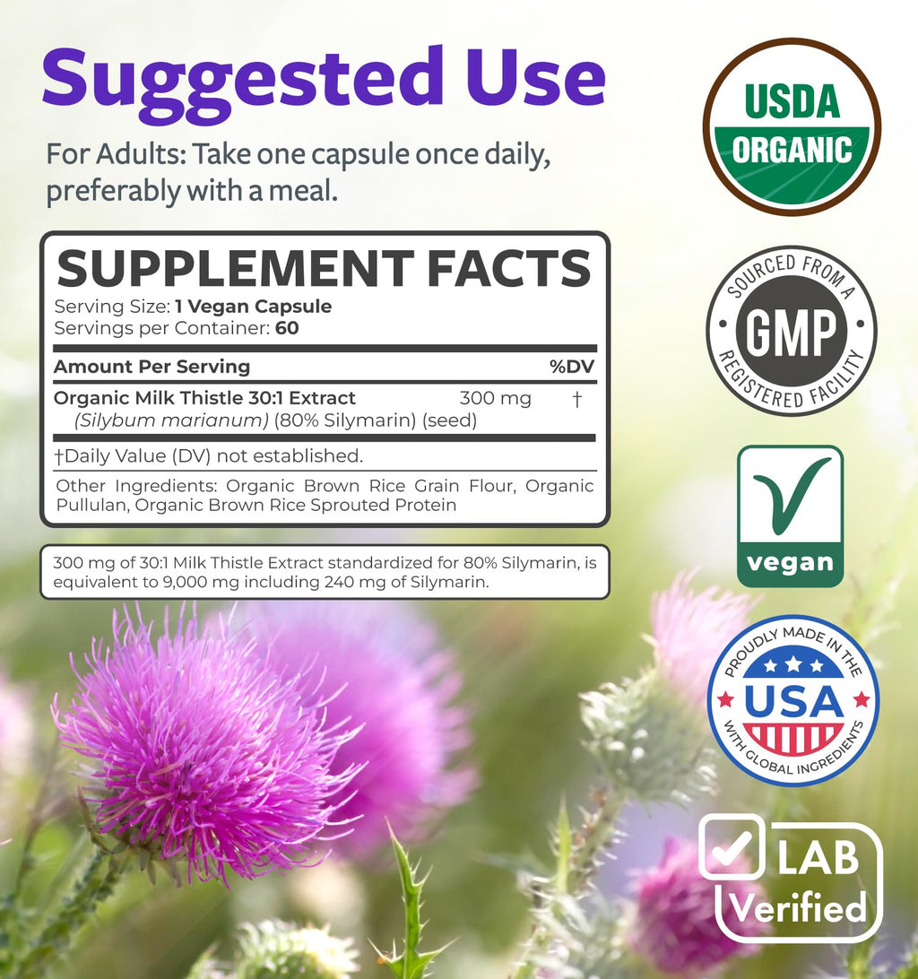 USDA Organic Milk Thistle Capsules - 80% Silymarin Supplement for Liver Support- Super Concentrated 300mg of 30:1 Milk Thistle Extract Equivalent to 9,000mg - Milk Thistle Liver Detox 60 Day Supply - Maple Wellness Supplements
