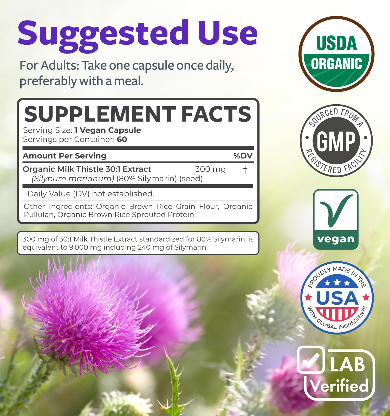 USDA Organic Milk Thistle Capsules - 80% Silymarin Supplement for Liver Support- Super Concentrated 300mg of 30:1 Milk Thistle Extract Equivalent to 9,000mg - Milk Thistle Liver Detox 60 Day Supply - Maple Wellness Supplements