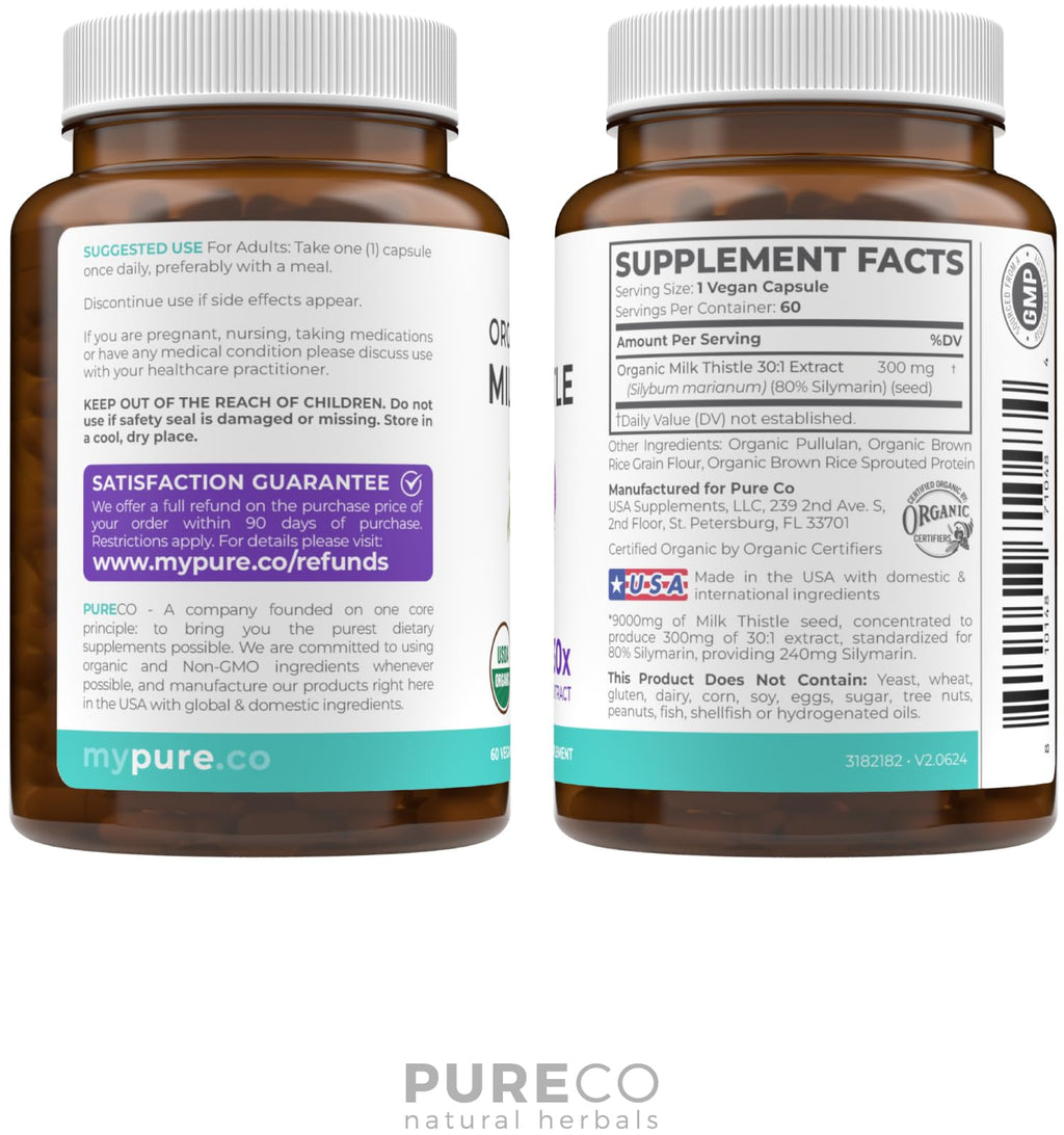 USDA Organic Milk Thistle Capsules - 80% Silymarin Supplement for Liver Support- Super Concentrated 300mg of 30:1 Milk Thistle Extract Equivalent to 9,000mg - Milk Thistle Liver Detox 60 Day Supply - Maple Wellness Supplements