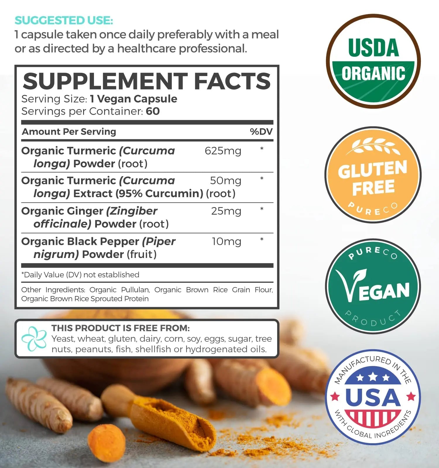 USDA Organic Turmeric Curcumin with Black Pepper and Ginger (2 Month Supply) - TrustMedUSA