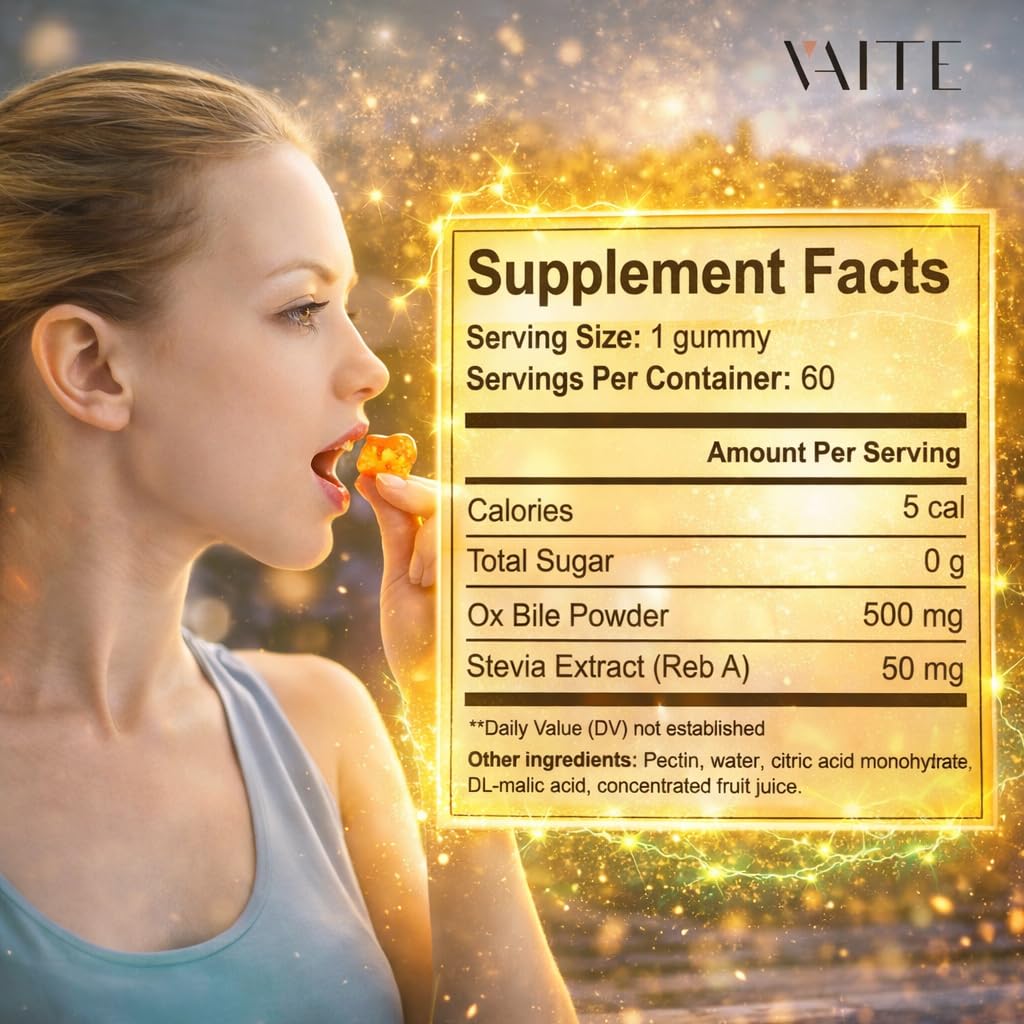 VAITE Ox Bile Gummies – 500mg Digestive Support for Gallbladder & Gut Health – Non-GMO, Sugar-Free Supplement – Helps Nutrient Absorption & Bile Flow – 60 Easy-to-Chew Bile Acid Chewables - TrustMedUSA