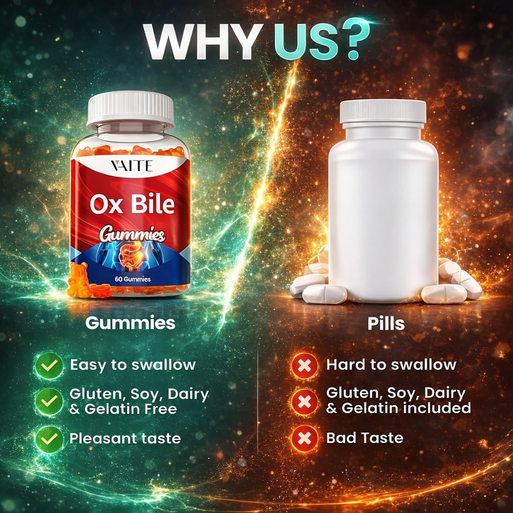 VAITE Ox Bile Gummies – 500mg Digestive Support for Gallbladder & Gut Health – Non-GMO, Sugar-Free Supplement – Helps Nutrient Absorption & Bile Flow – 60 Easy-to-Chew Bile Acid Chewables - TrustMedUSA