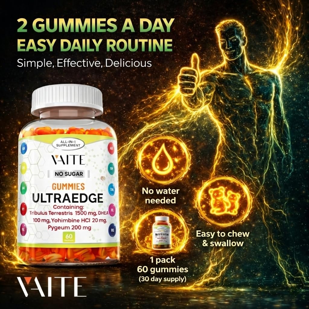 VAITE UltraEdge Herbal Complex Gummies – Tribulus Terrestris 1500mg, DHEA 100mg, Yohimbine HCl 20mg, Pygeum 200mg, Plant-Based Blend, 60 Vegan Gummies, Non-GMO, Gluten-Free, Adult Supplement - TrustMedUSA