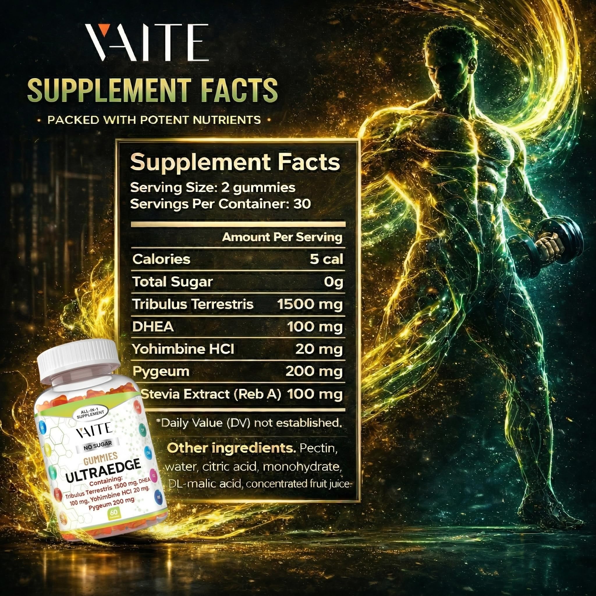 VAITE UltraEdge Herbal Complex Gummies – Tribulus Terrestris 1500mg, DHEA 100mg, Yohimbine HCl 20mg, Pygeum 200mg, Plant-Based Blend, 60 Vegan Gummies, Non-GMO, Gluten-Free, Adult Supplement - TrustMedUSA