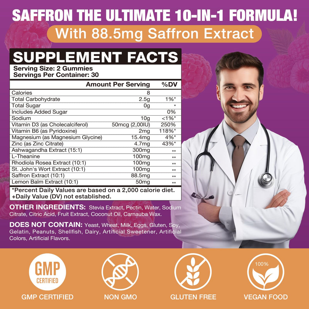 VAJYKEWJY Saffron Gummies (88.5 mg) with Magnesium — Enhanced with St. John’s Wort, Rhodiola, Ashwagandha & Vitamins B6, B12, D3 for Mood & Focus Support — 120 Count - TrustMedUSA