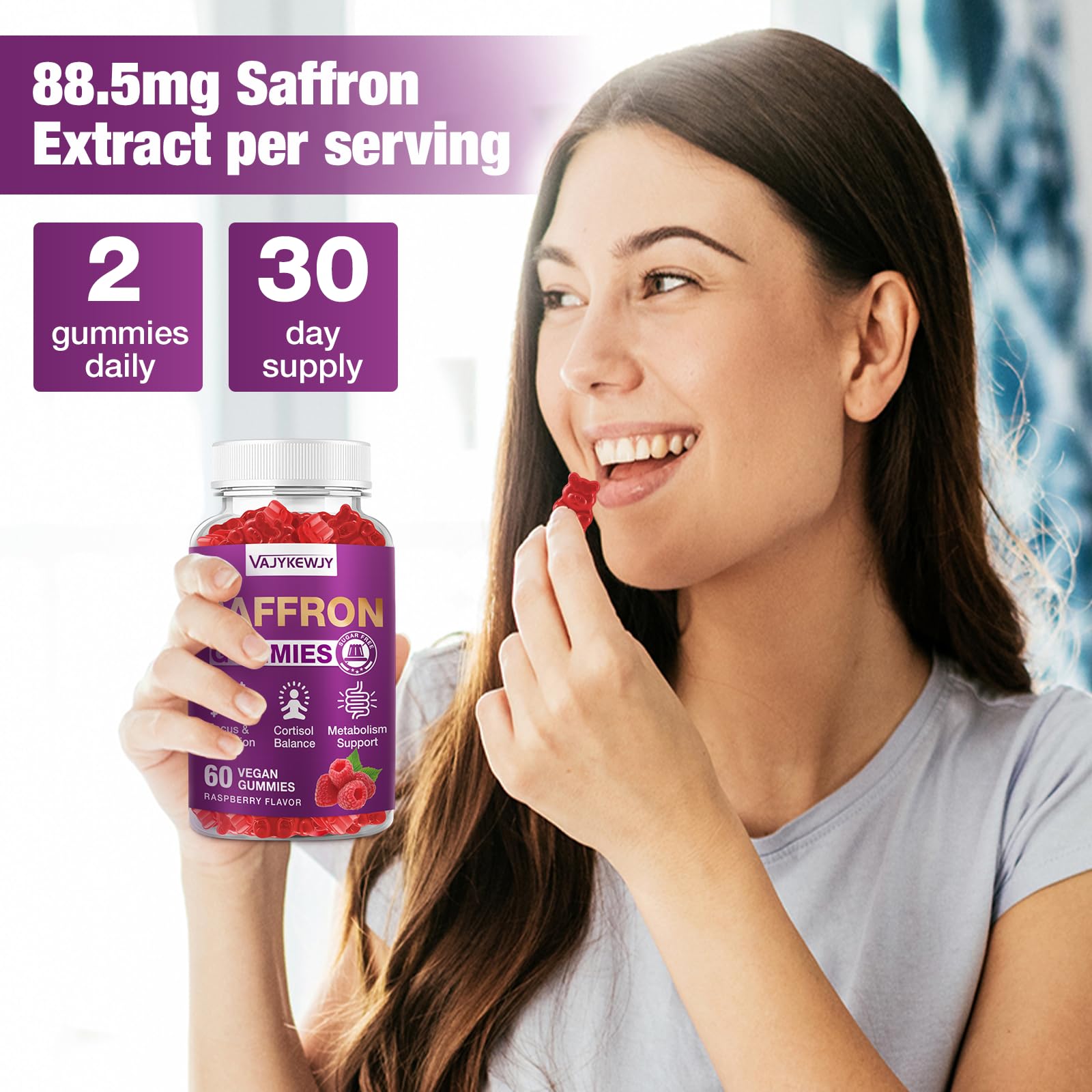 VAJYKEWJY Saffron Gummies (88.5 mg) with Magnesium — Enhanced with St. John’s Wort, Rhodiola, Ashwagandha & Vitamins B6, B12, D3 for Mood & Focus Support — 120 Count - TrustMedUSA