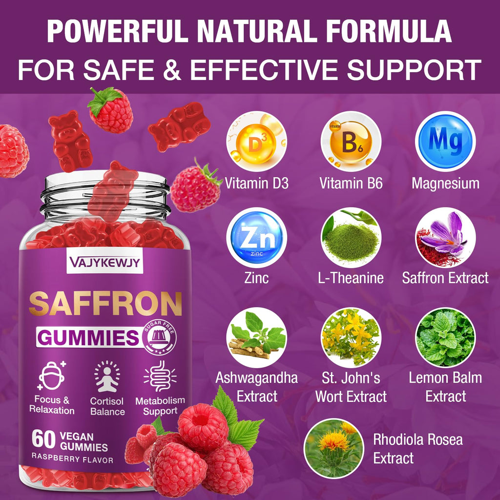 VAJYKEWJY Saffron Gummies (88.5 mg) with Magnesium — Enhanced with St. John’s Wort, Rhodiola, Ashwagandha & Vitamins B6, B12, D3 for Mood & Focus Support — 60 Count - TrustMedUSA