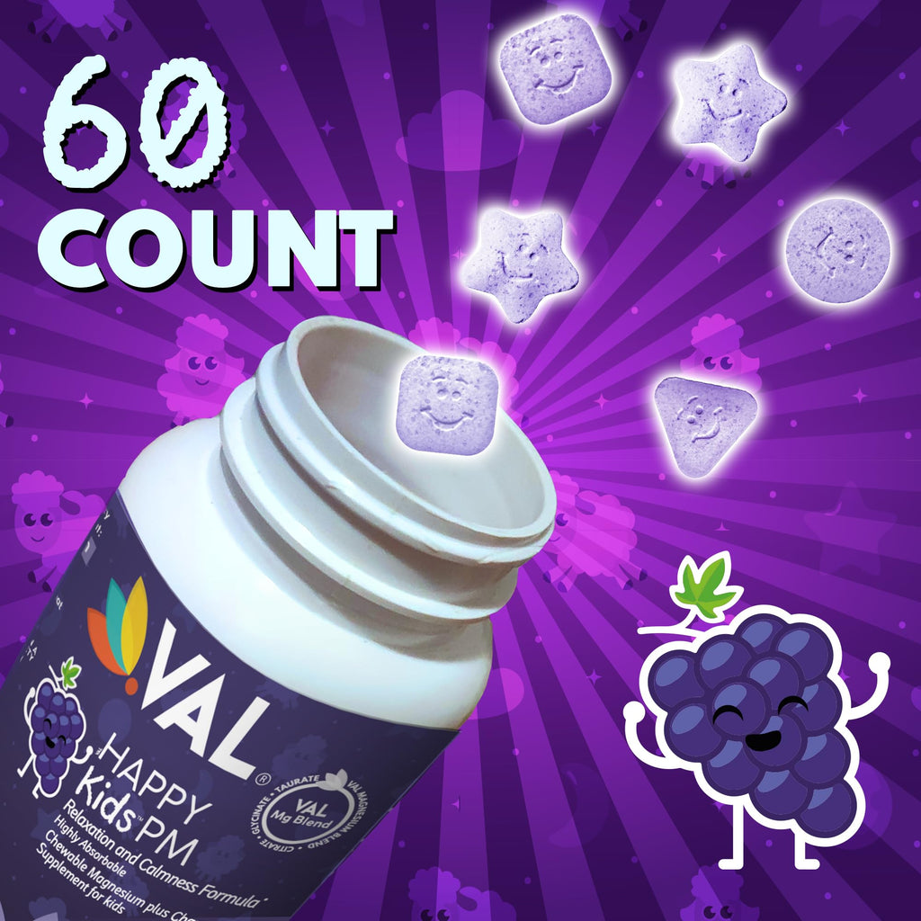 VAL Kids PM Magnesium Gummies | Sugar-Free Chewable Tablets with Chamomile, Magnesium Glycinate + Citrate + Taurate | Vitamin B6 & C | Natural Grape Flavor | Sleep & Calm Support | 60 Ct | Ages 4+ - TrustMedUSA