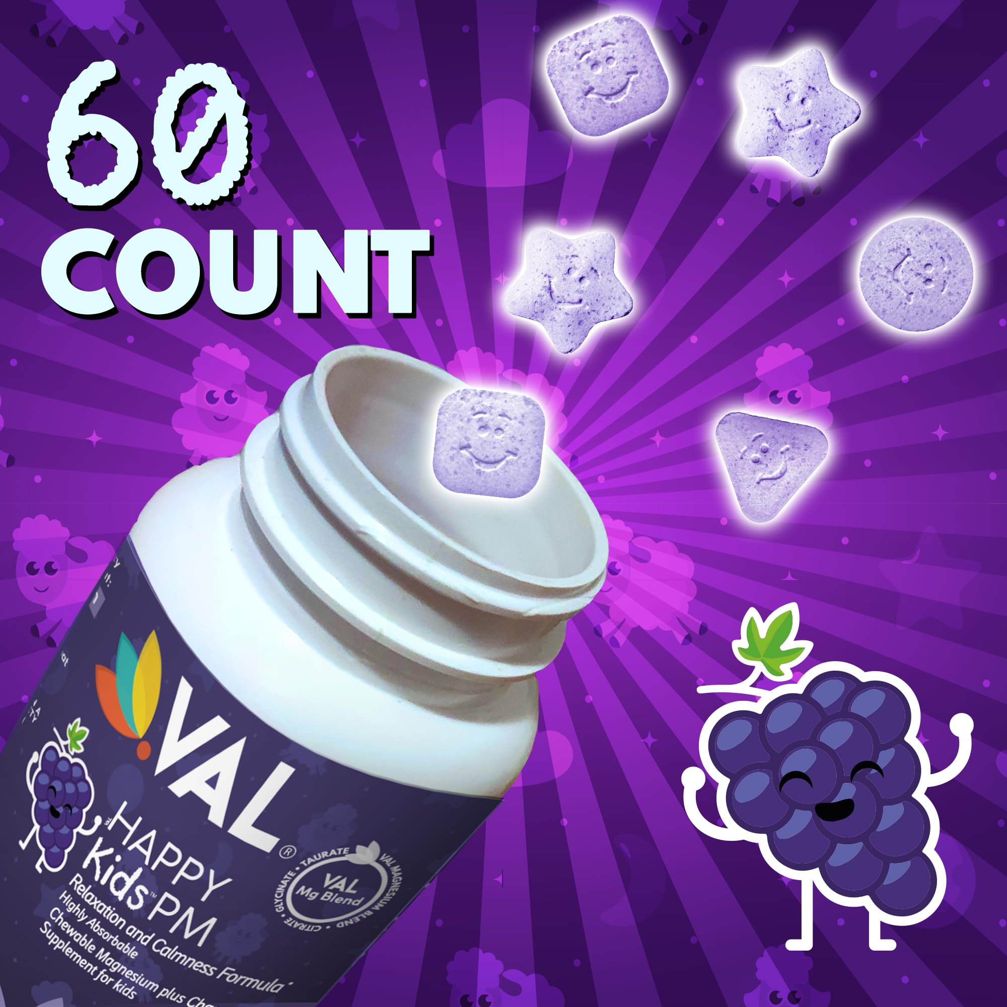 VAL Kids PM Magnesium Gummies | Sugar-Free Chewable Tablets with Chamomile, Magnesium Glycinate + Citrate + Taurate | Vitamin B6 & C | Natural Grape Flavor | Sleep & Calm Support | 60 Ct | Ages 4+ - TrustMedUSA