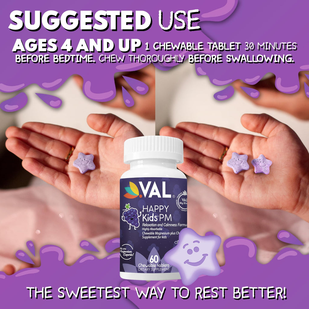 VAL Kids PM Magnesium Gummies | Sugar-Free Chewable Tablets with Chamomile, Magnesium Glycinate + Citrate + Taurate | Vitamin B6 & C | Natural Grape Flavor | Sleep & Calm Support | 60 Ct | Ages 4+ - TrustMedUSA