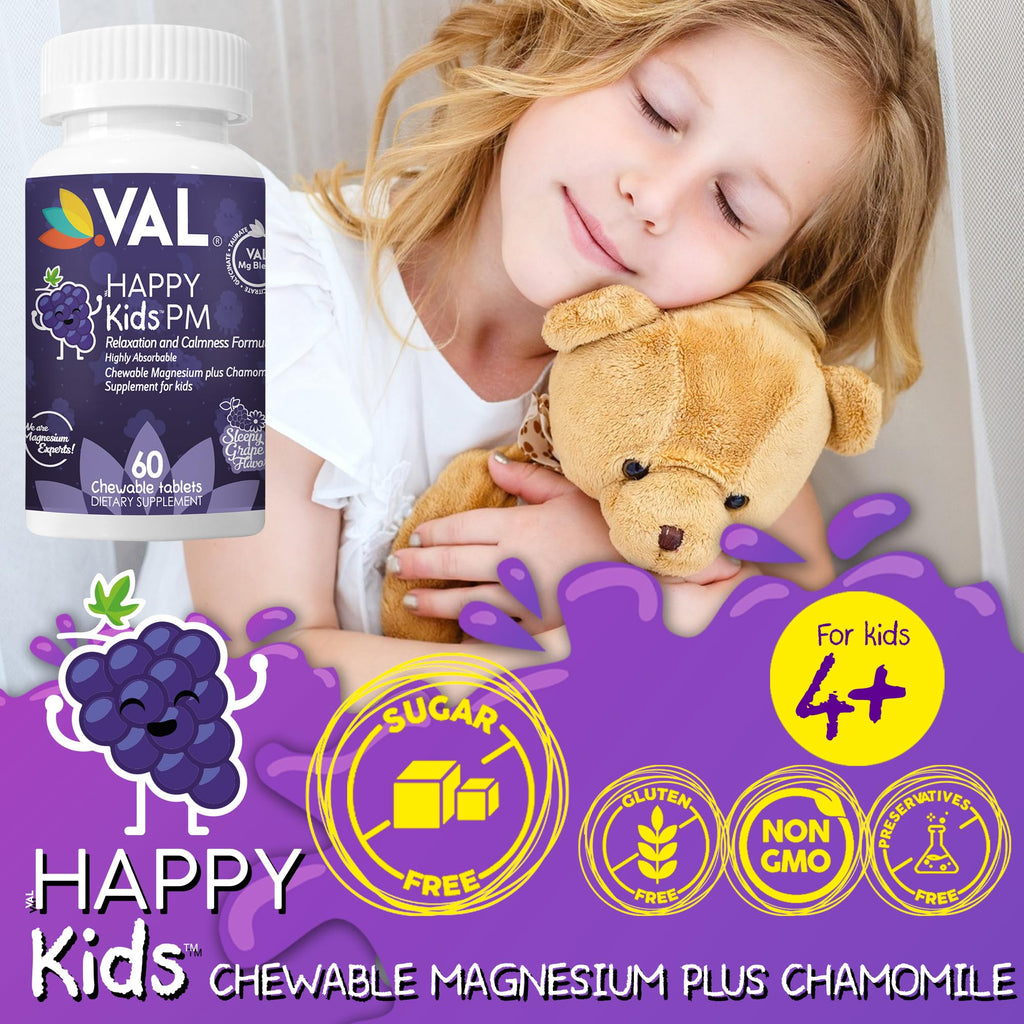 VAL Kids PM Magnesium Gummies | Sugar-Free Chewable Tablets with Chamomile, Magnesium Glycinate + Citrate + Taurate | Vitamin B6 & C | Natural Grape Flavor | Sleep & Calm Support | 60 Ct | Ages 4+ - TrustMedUSA