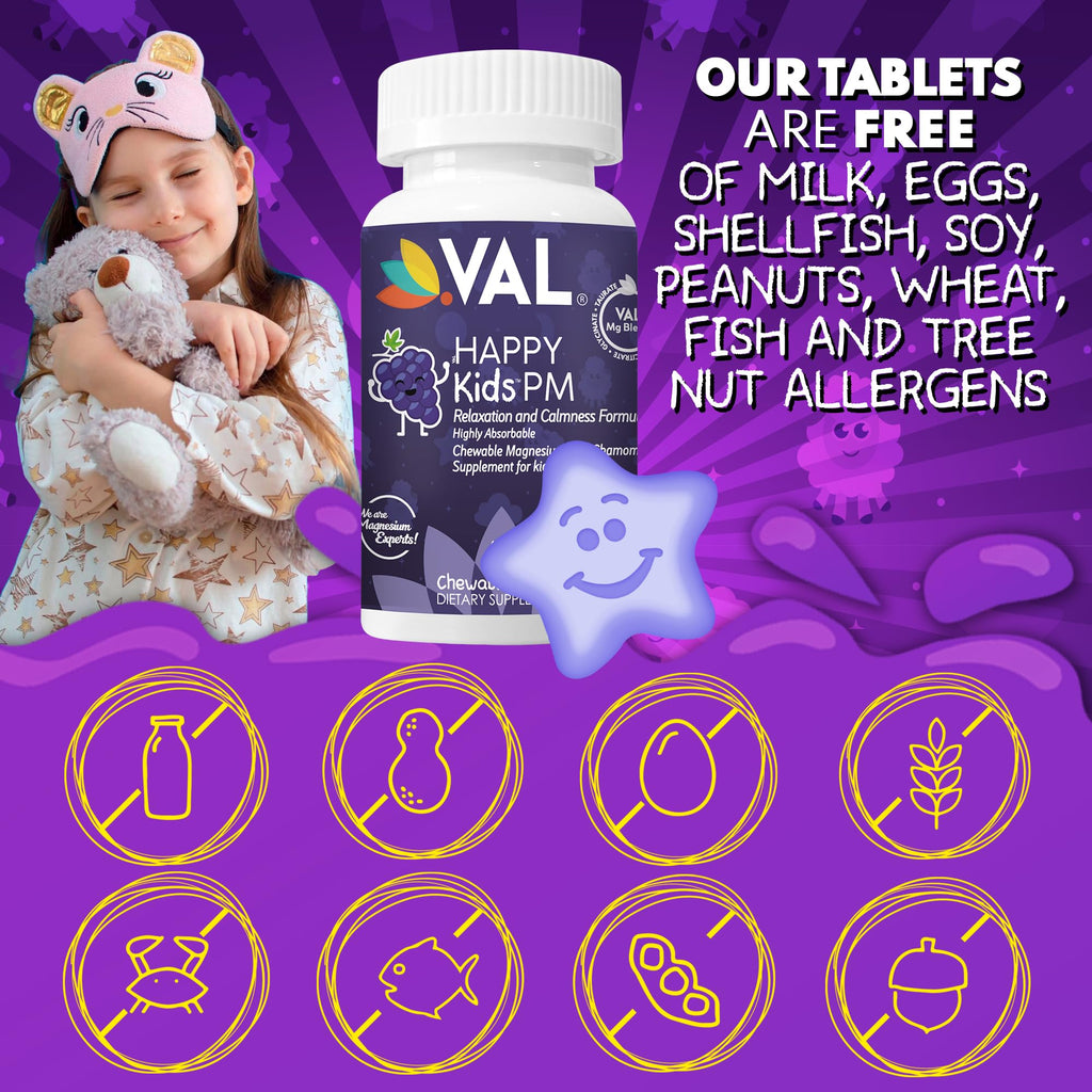 VAL Kids PM Magnesium Gummies | Sugar-Free Chewable Tablets with Chamomile, Magnesium Glycinate + Citrate + Taurate | Vitamin B6 & C | Natural Grape Flavor | Sleep & Calm Support | 60 Ct | Ages 4+ - TrustMedUSA