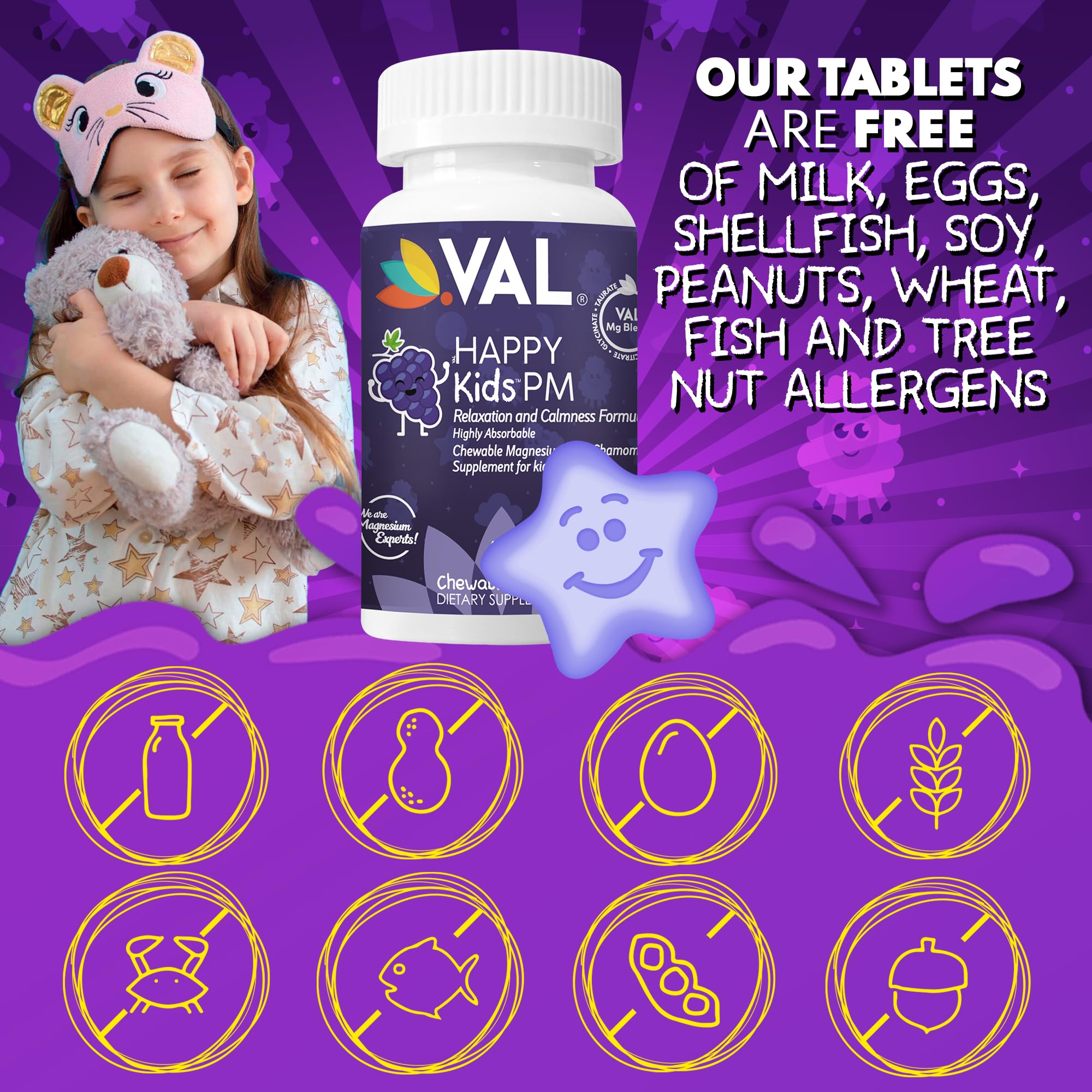 VAL Kids PM Magnesium Gummies | Sugar-Free Chewable Tablets with Chamomile, Magnesium Glycinate + Citrate + Taurate | Vitamin B6 & C | Natural Grape Flavor | Sleep & Calm Support | 60 Ct | Ages 4+ - TrustMedUSA