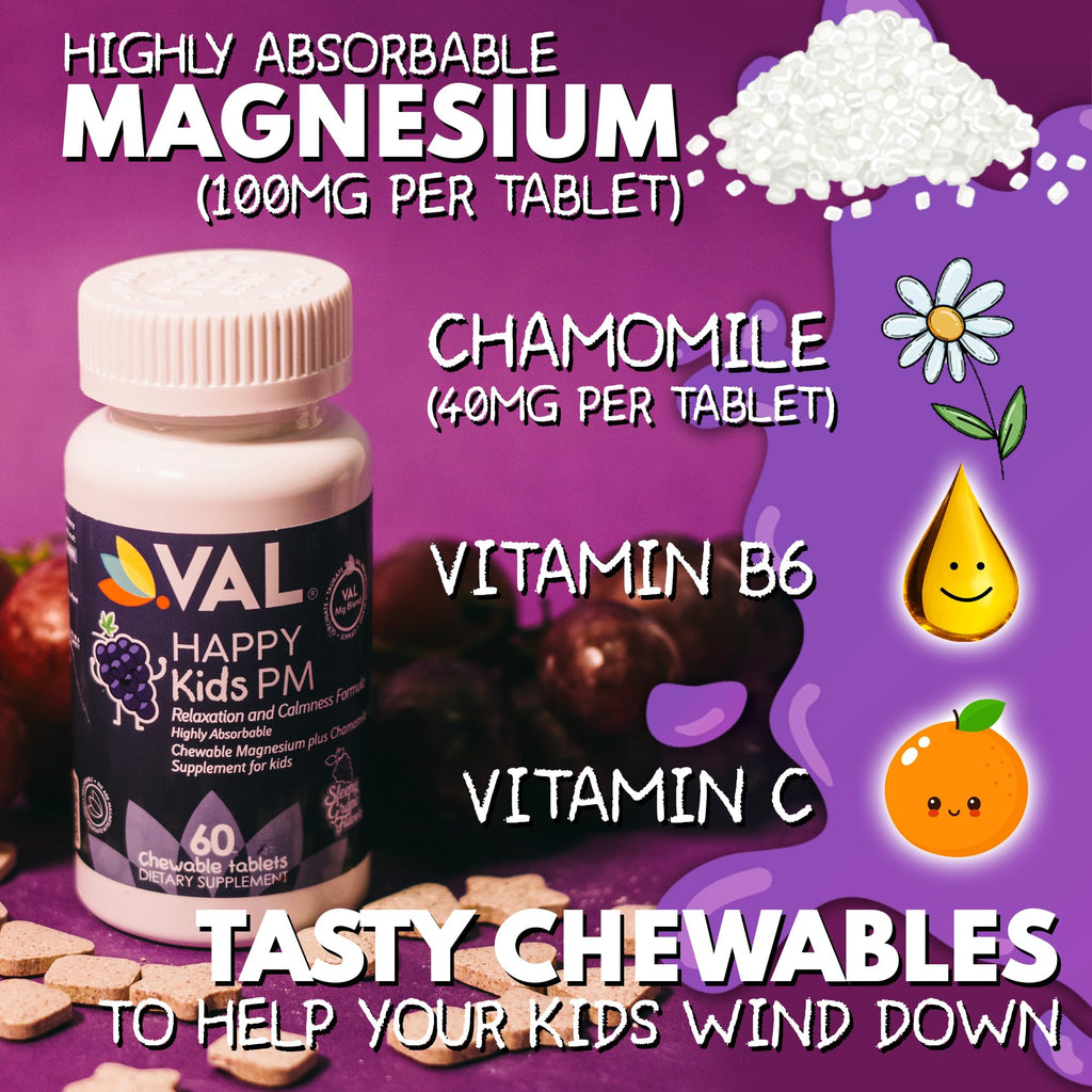 VAL Kids PM Magnesium Gummies | Sugar-Free Chewable Tablets with Chamomile, Magnesium Glycinate + Citrate + Taurate | Vitamin B6 & C | Natural Grape Flavor | Sleep & Calm Support | 60 Ct | Ages 4+ - TrustMedUSA