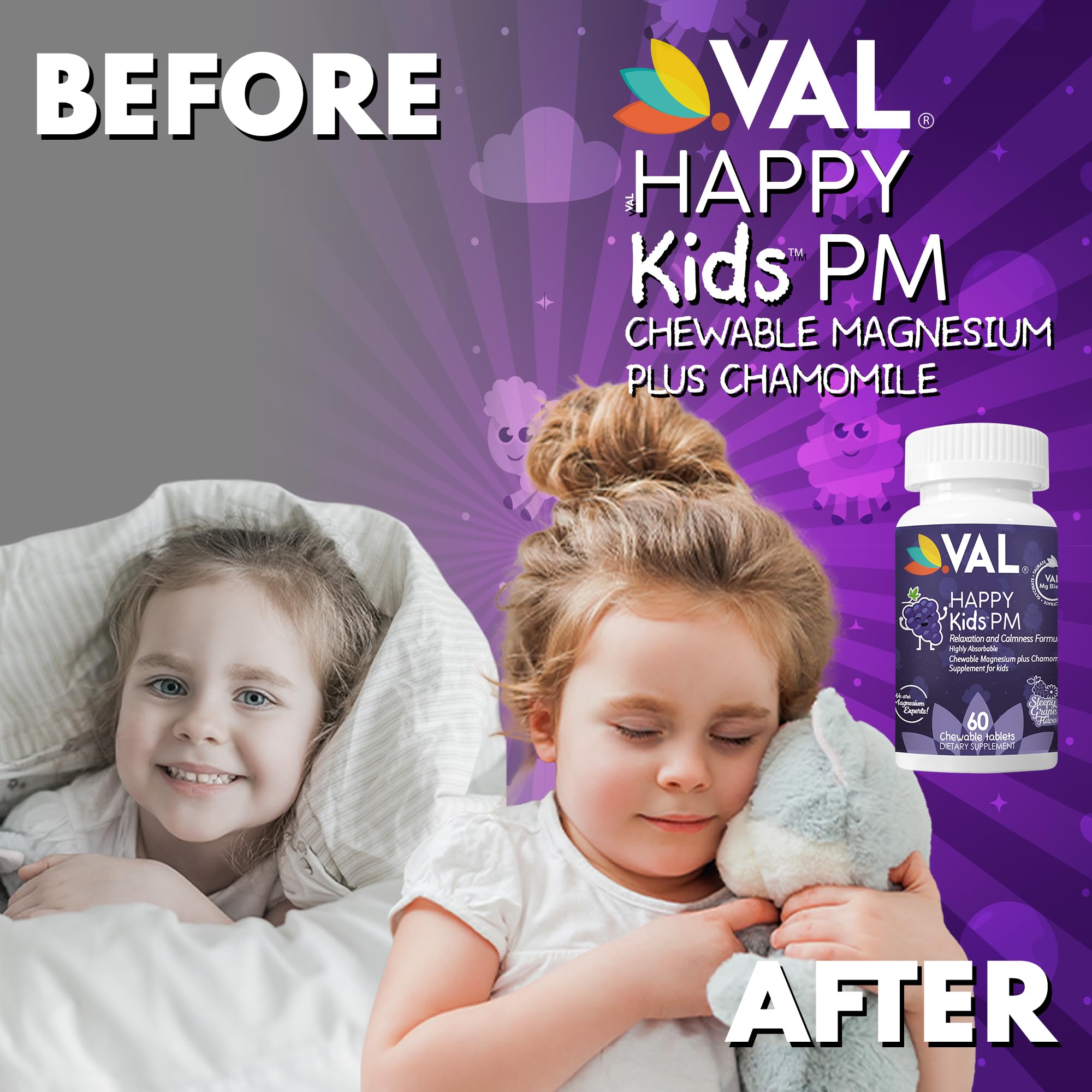 VAL Kids PM Magnesium Gummies | Sugar-Free Chewable Tablets with Chamomile, Magnesium Glycinate + Citrate + Taurate | Vitamin B6 & C | Natural Grape Flavor | Sleep & Calm Support | 60 Ct | Ages 4+ - TrustMedUSA