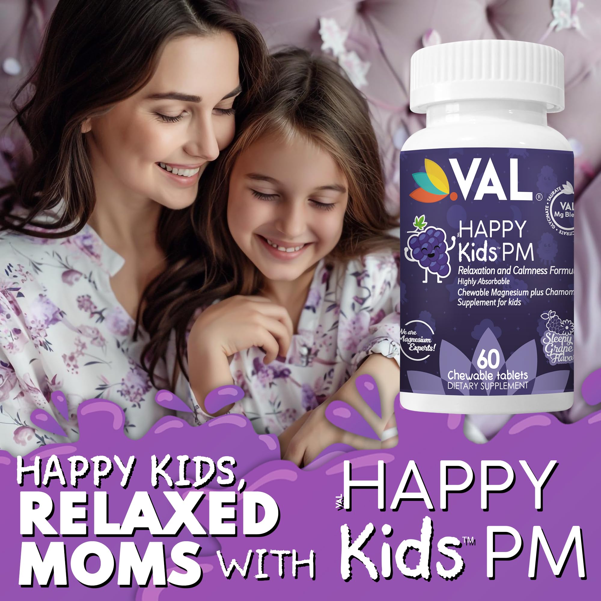 VAL Kids PM Magnesium Gummies | Sugar-Free Chewable Tablets with Chamomile, Magnesium Glycinate + Citrate + Taurate | Vitamin B6 & C | Natural Grape Flavor | Sleep & Calm Support | 60 Ct | Ages 4+ - TrustMedUSA