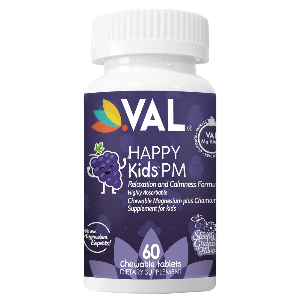 VAL Kids PM Magnesium Gummies | Sugar-Free Chewable Tablets with Chamomile, Magnesium Glycinate + Citrate + Taurate | Vitamin B6 & C | Natural Grape Flavor | Sleep & Calm Support | 60 Ct | Ages 4+ - TrustMedUSA