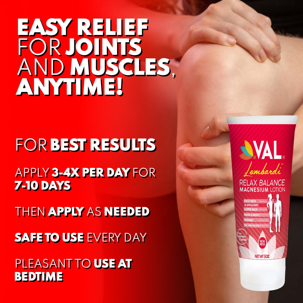VAL Lombardi Relax Balance Magnesium Lotion | Arnica, Camphor & Menthol | Fast Relief for Joints, Muscles, Back, Shoulders, Feet | Non-Greasy | 5oz - TrustMedUSA