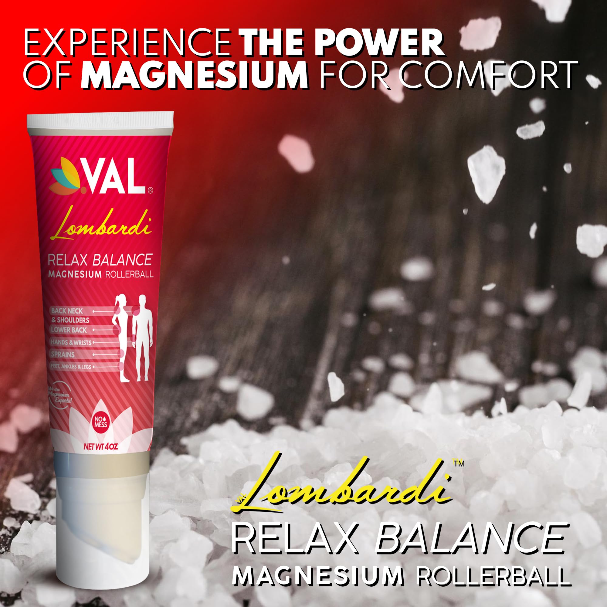 VAL Lombardi Relax Balance Magnesium Rollerball | Zechstein Magnesium + Herbal Extracts | Joint & Muscle Relief for Neck, Back, Legs | No Mess, Non-Greasy | 4oz - TrustMedUSA