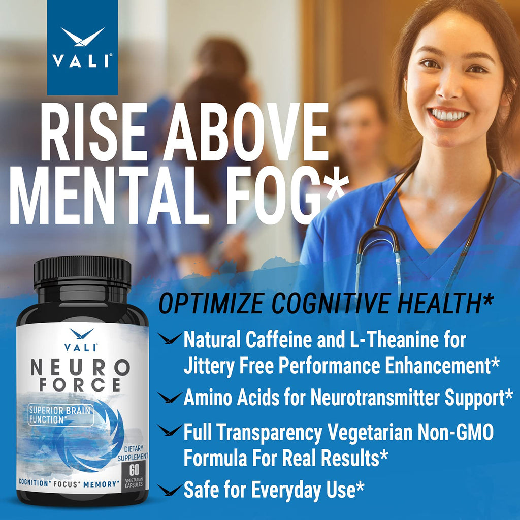 VALI Neuro Force Brain Booster Supplement for Focus, Memory, Clarity & Energy. Extra Strength Nootropic Cognitive Function Support for Mental Performance. with Natural Caffeine. 60 Veggie Capsules - TrustMedUSA