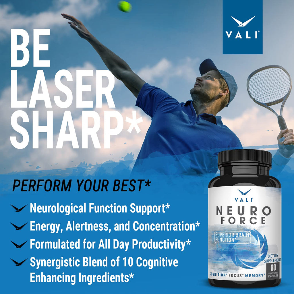 VALI Neuro Force Brain Booster Supplement for Focus, Memory, Clarity & Energy. Extra Strength Nootropic Cognitive Function Support for Mental Performance. with Natural Caffeine. 60 Veggie Capsules - TrustMedUSA