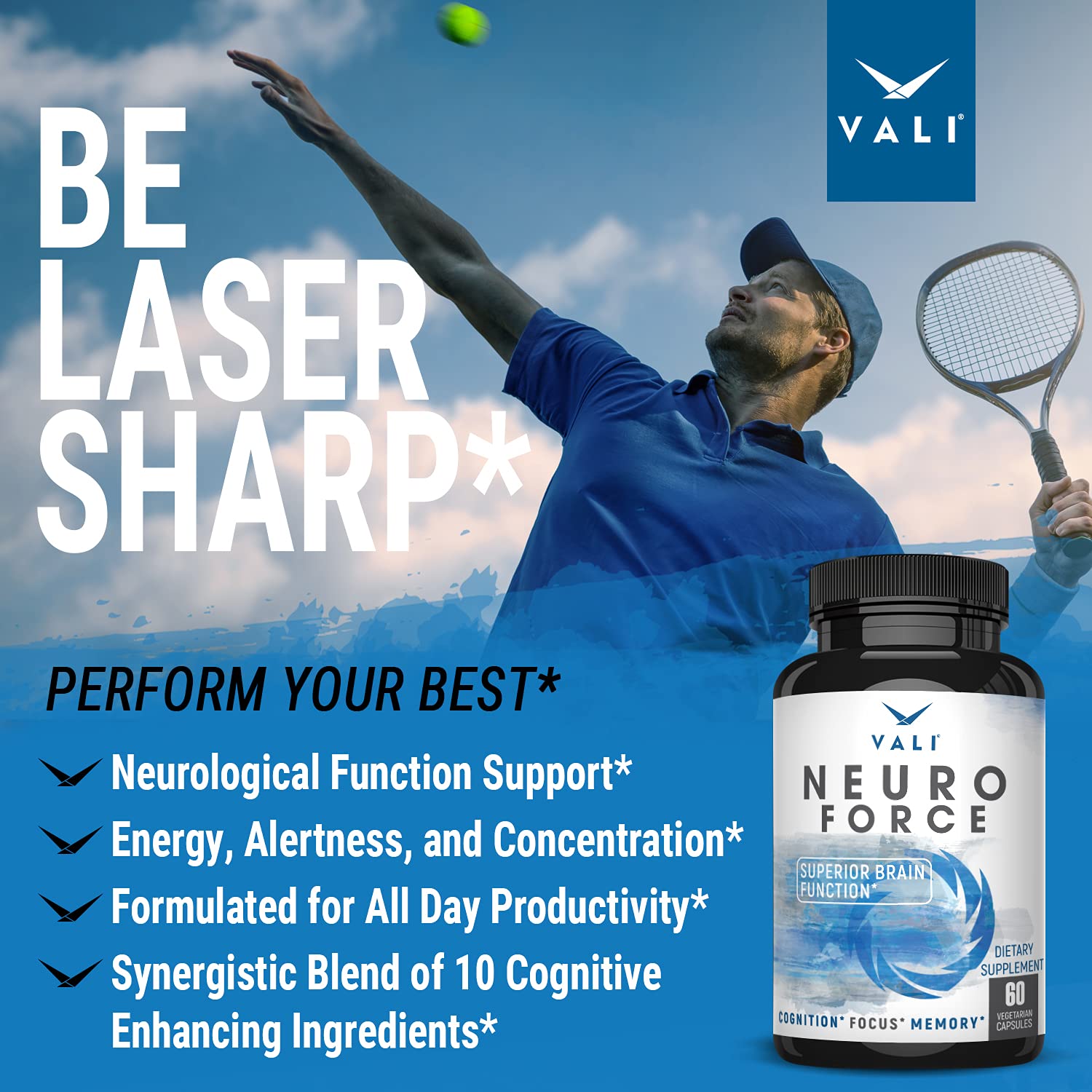 VALI Neuro Force Brain Booster Supplement for Focus, Memory, Clarity & Energy. Extra Strength Nootropic Cognitive Function Support for Mental Performance. with Natural Caffeine. 60 Veggie Capsules - TrustMedUSA