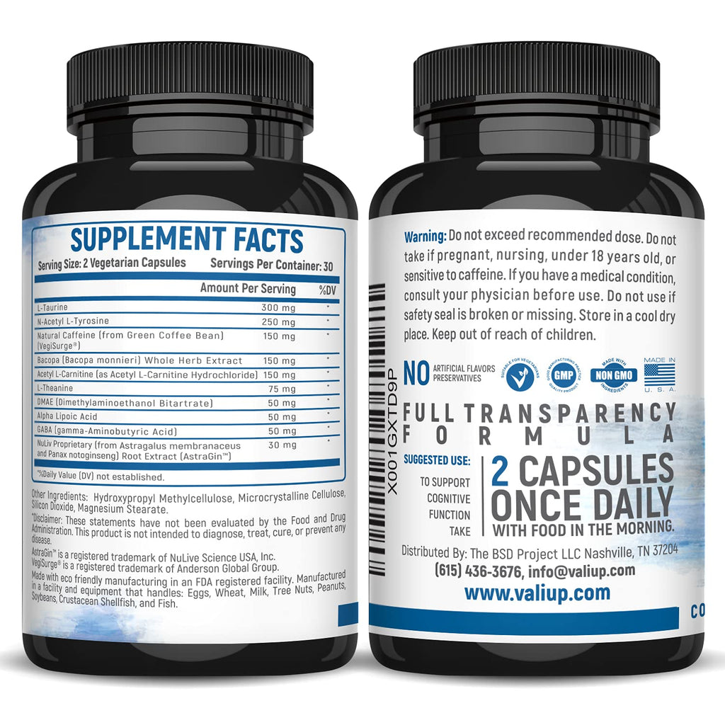 VALI Neuro Force Brain Booster Supplement for Focus, Memory, Clarity & Energy. Extra Strength Nootropic Cognitive Function Support for Mental Performance. with Natural Caffeine. 60 Veggie Capsules - TrustMedUSA