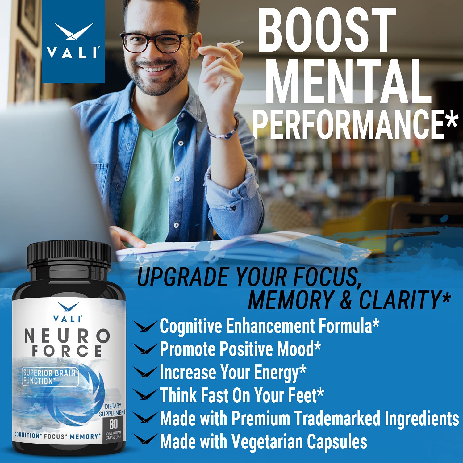 VALI Neuro Force Brain Booster Supplement for Focus, Memory, Clarity & Energy. Extra Strength Nootropic Cognitive Function Support for Mental Performance. with Natural Caffeine. 60 Veggie Capsules - TrustMedUSA