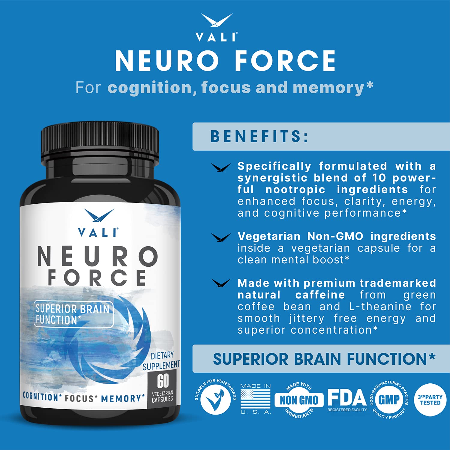 VALI Neuro Force Brain Booster Supplement for Focus, Memory, Clarity & Energy. Extra Strength Nootropic Cognitive Function Support for Mental Performance. with Natural Caffeine. 60 Veggie Capsules - TrustMedUSA