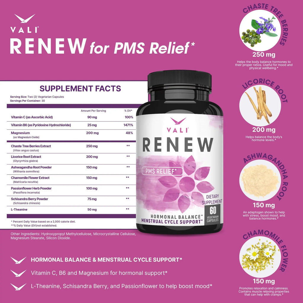 VALI Renew PMS Relief Supplement. Women’s Menstrual Cycle Support. Herbal Formula - TrustMedUSA