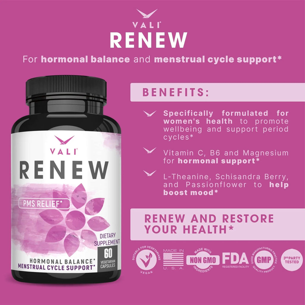 VALI Renew PMS Relief Supplement. Women’s Menstrual Cycle Support. Herbal Formula - TrustMedUSA